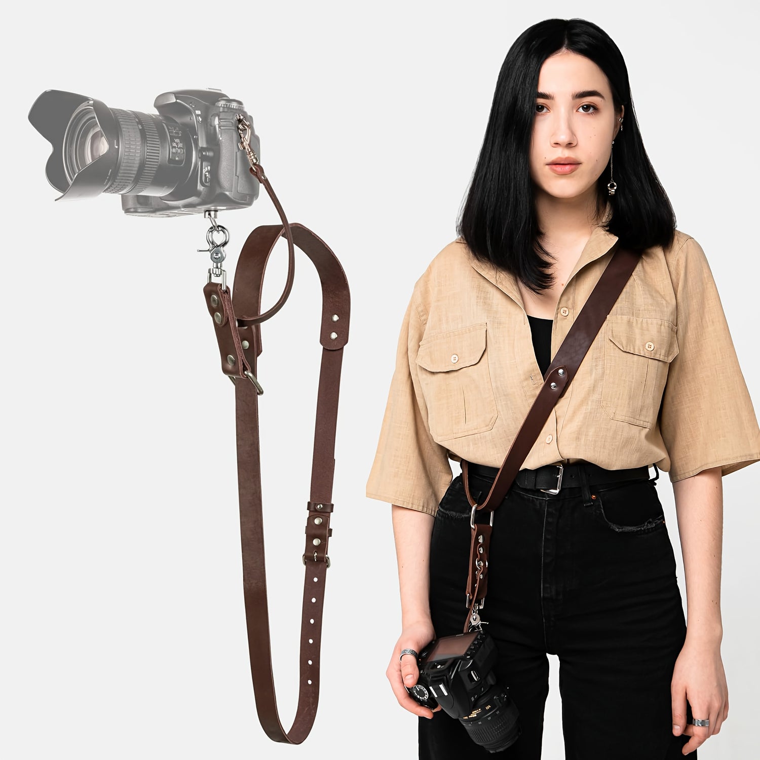 Adjustable Genuine Cowhide Leather Camera Strap, Vintage Look Single Shoulder Crossbody Camera Strap for DSLR, Mirrorless, and Micro Cameras, Durable and Comfortable Photography Accessory