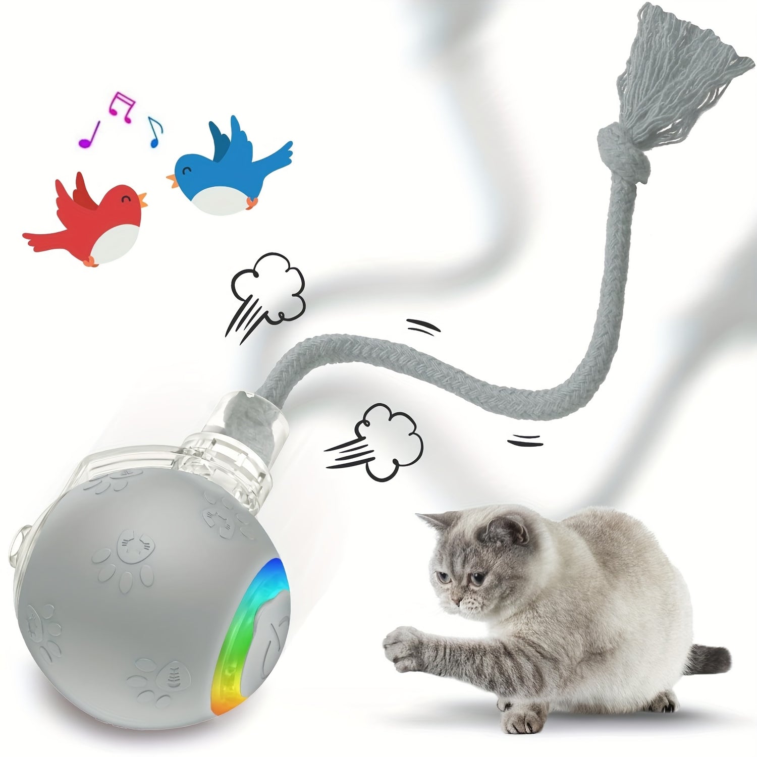 [1pc Interactive Cat Ball Toy] 1pc Interactive Automatic Cat Ball Toy with Tail & Bird Call Sounds, USB Rechargeable, Plastic, Suitable for Chinchillas, Hamsters, and House Cats - Random Rolling Pet Entertainment
