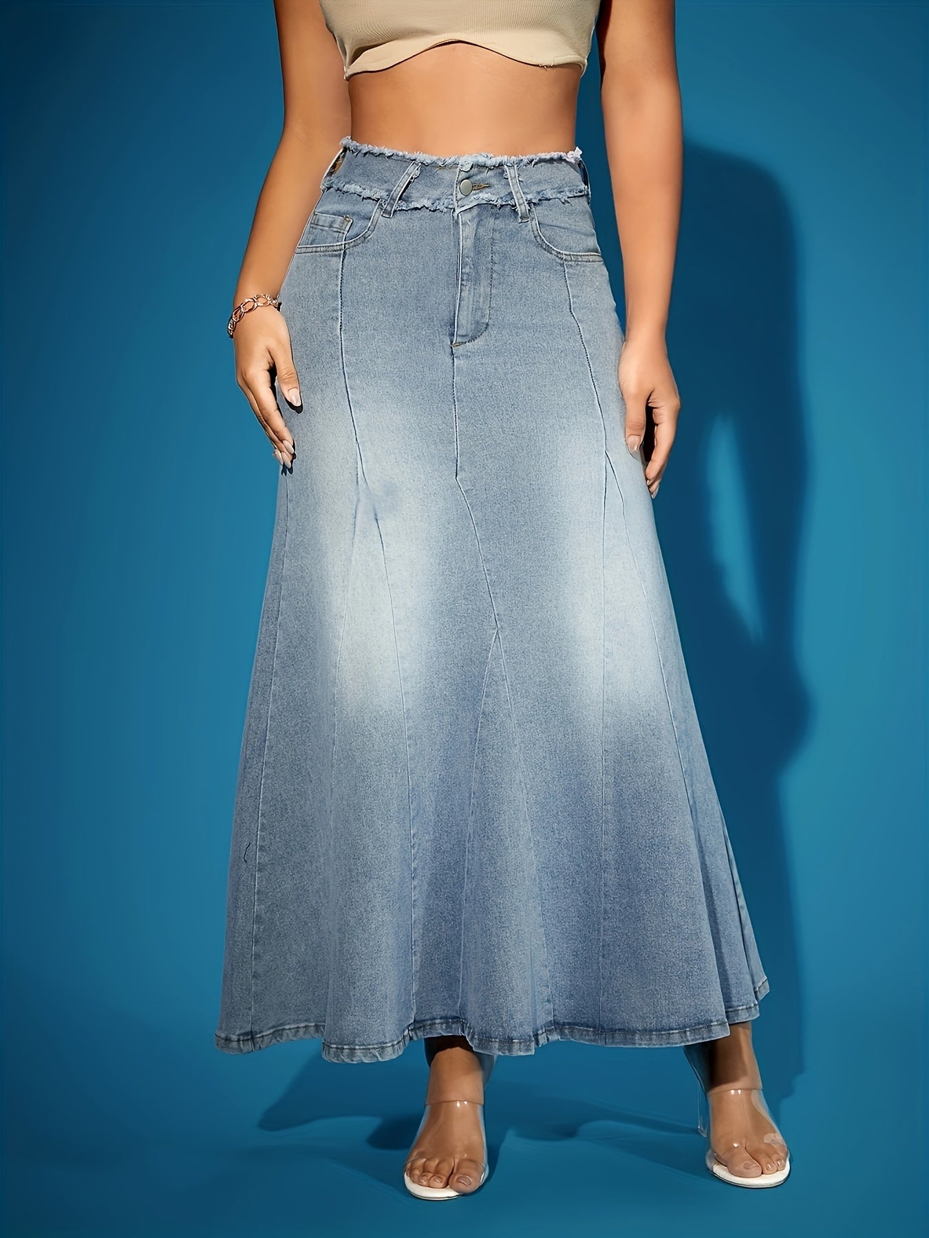 Elegant Washed Raw Trim Denim Skirt, High Rise Button Fly Mermaid Skirt, Women's Clothing