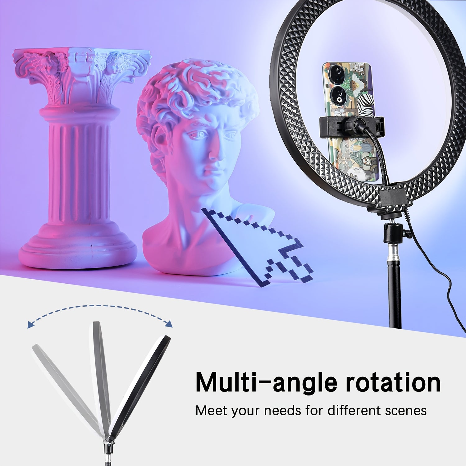 12-Inch USB Powered Selfie Ring Light with Matte Metal Finish, Push Button Control, Dimmable RGB Color Modes, Adjustable 109.98cm Tripod Stand & 99.06cm Extension Rod, with Phone Holder for Live Stream, Makeup & Photography