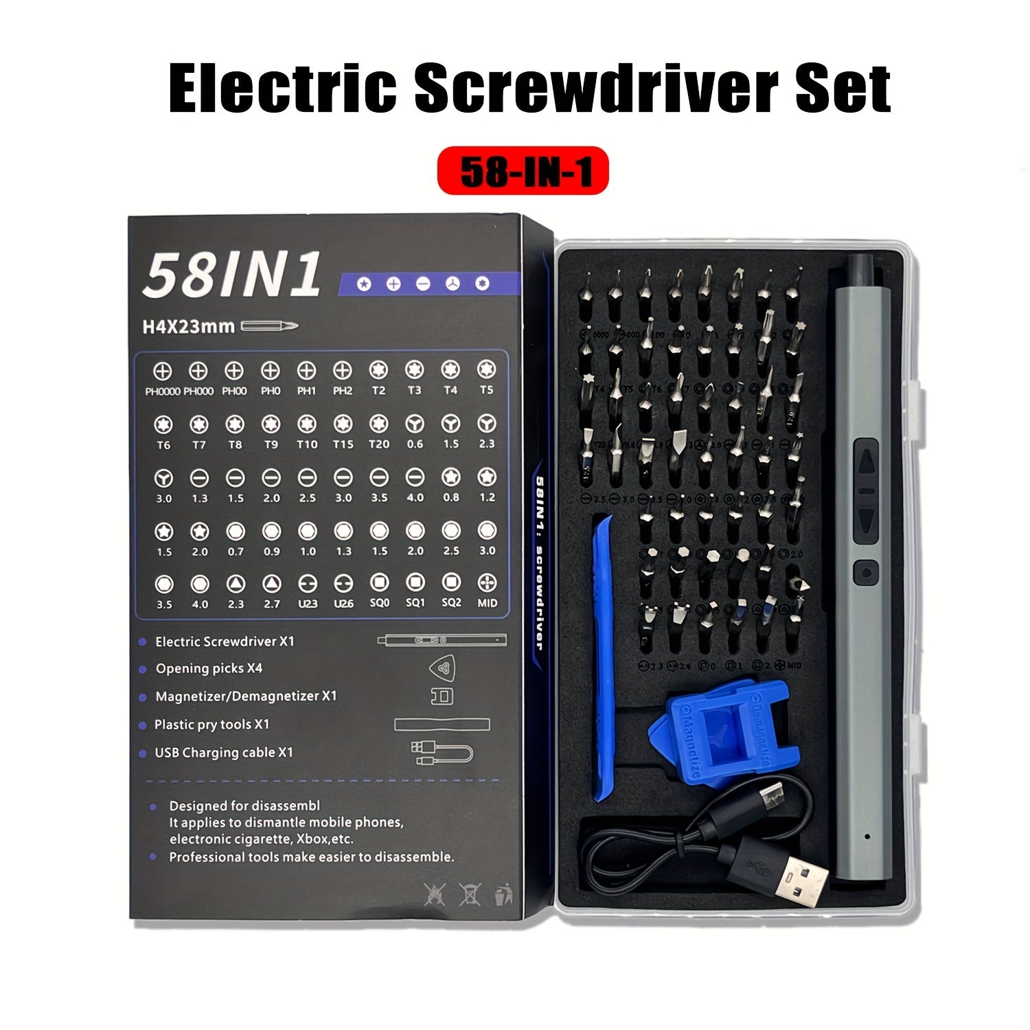 58-in-1 Cordless Electric Screwdriver Set, USB Powered Precision Repair Kit with Magnetic Bits, Rechargeable Lithium Battery, for Phones, Watches, Cameras, Laptops, and Toys