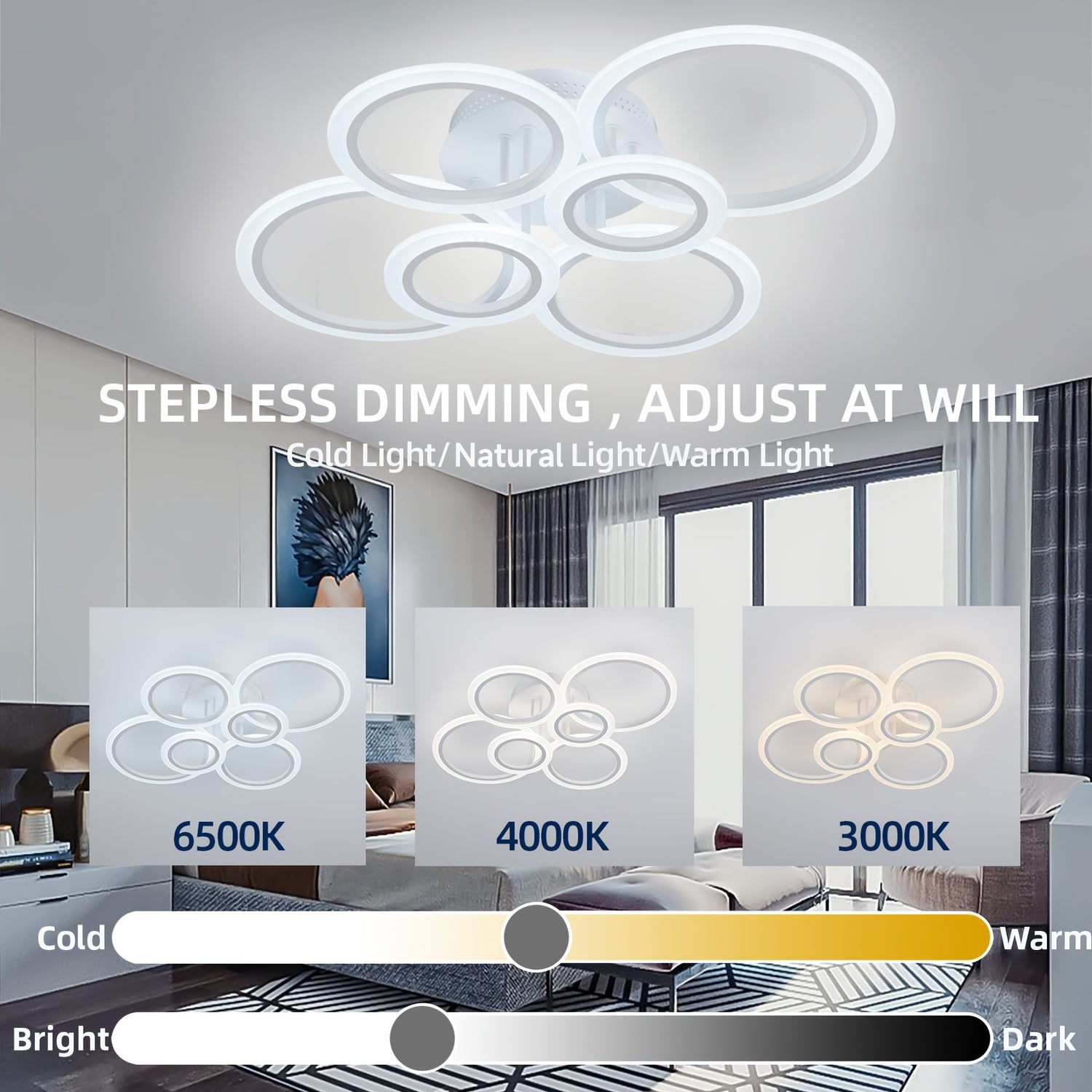 6-Ring LED Flush Mount Ceiling Light, 78.74cm - Dimmable 75W, Remote Controlled 3000K-6500K, Modern Oil-Rubbed Metal Finish, Perfect for Living Room, Kitchen, Bedroom, Office, Bedroom Lighting | Modern Ceiling Light | Adjusta