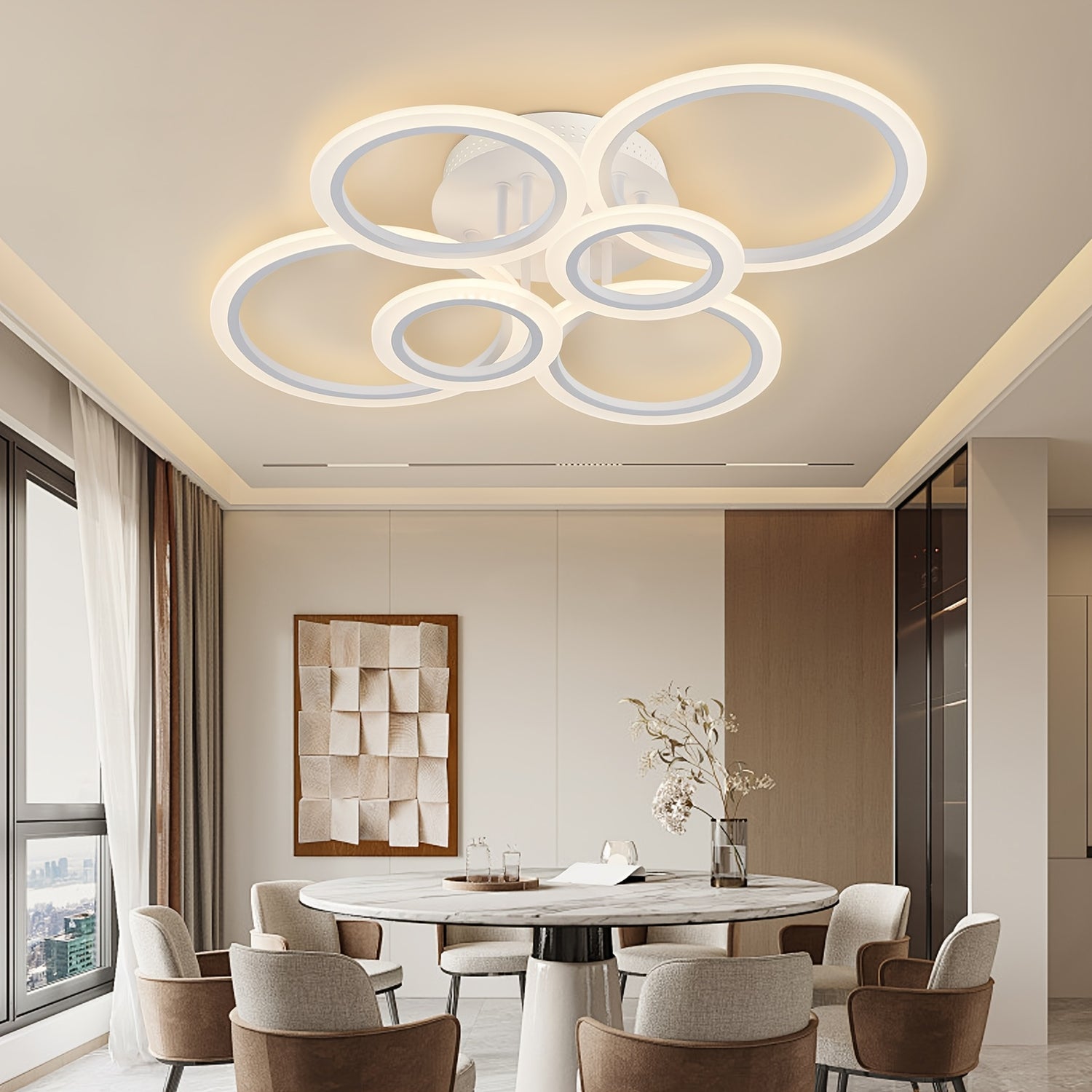 Modern 6-Ring LED Ceiling Light Fixture, Dimmable Flush Mount Indoor Lighting with Remote Control, Minimalist Design for Living Room, Bedroom, Office, Kitchen - 85V-265V Hardwired LED Lights