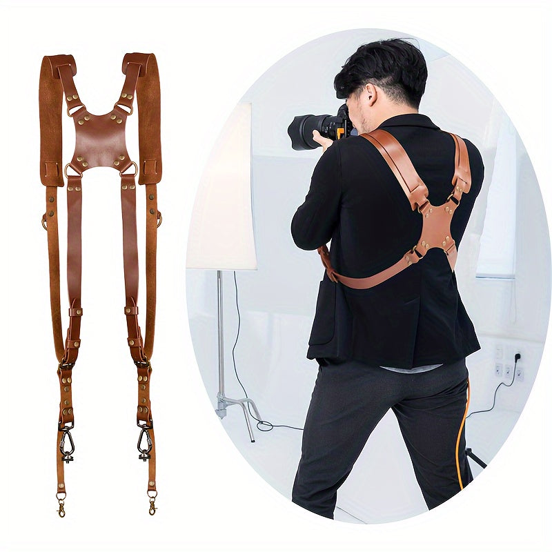 Genuine Cowhide Leather Dual Camera Harness, Professional Photographer Adjustable Shoulder Straps with Dual Safety Straps for DSLR/SLR Cameras