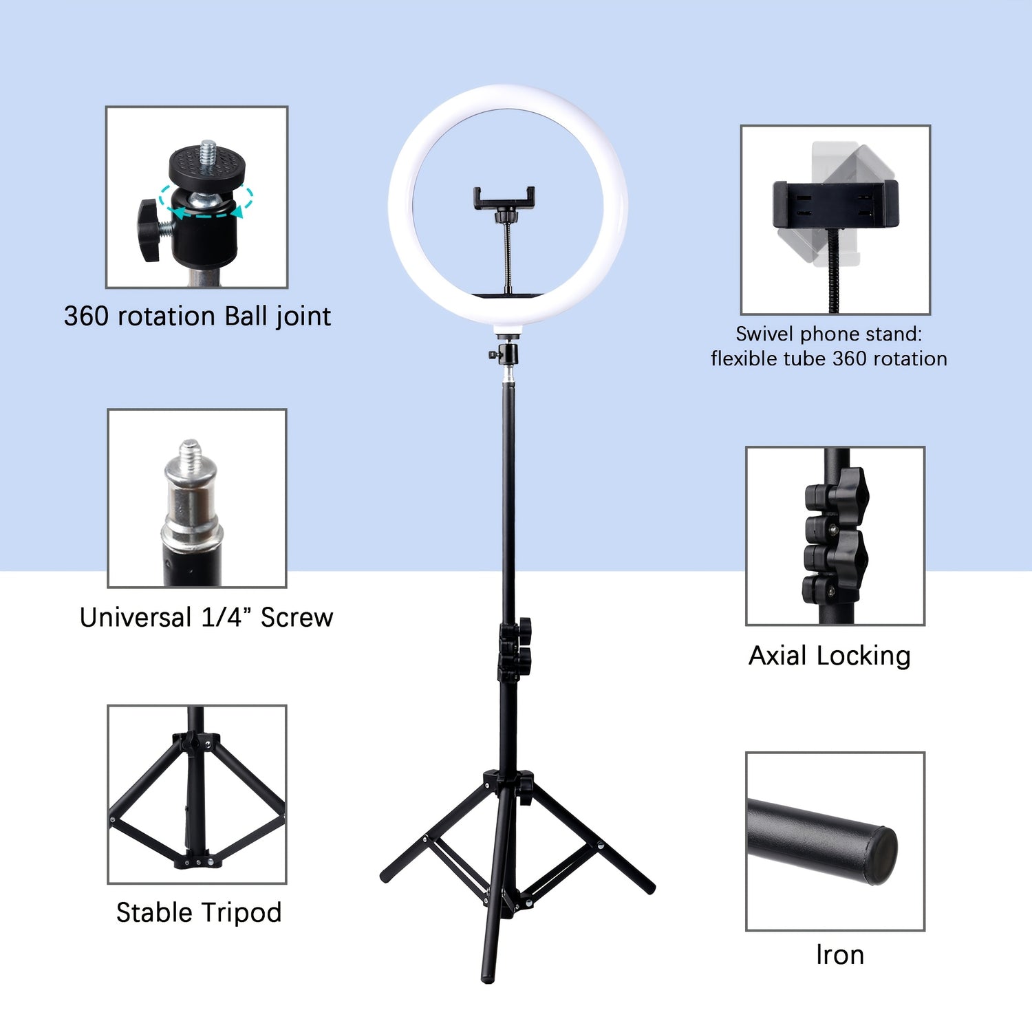 1pc UEGOGO 12" LED Selfie Ring Light with 43.3" Extendable Tripod, 39cm Extension Rod, 3 Color Modes, Dimmable, USB Powered, Push Button Control, Antique Finish, for Makeup, Photography, Videos, Live Streaming