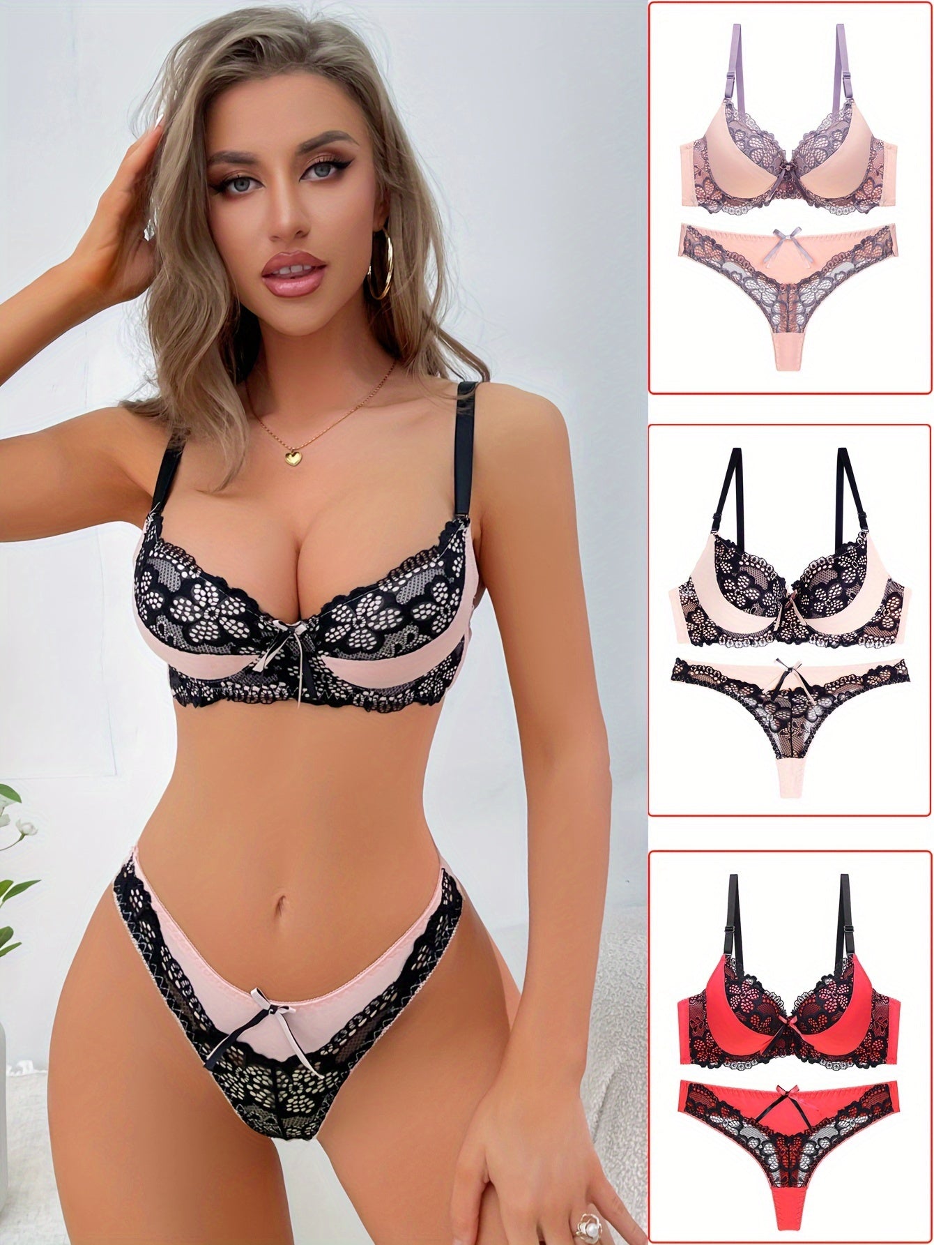 3 Sets Contrast Lace Bra & Panties, Colorblock Push Up Bra & Elastic Thong Lingerie Set, Women's Lingerie & Underwear