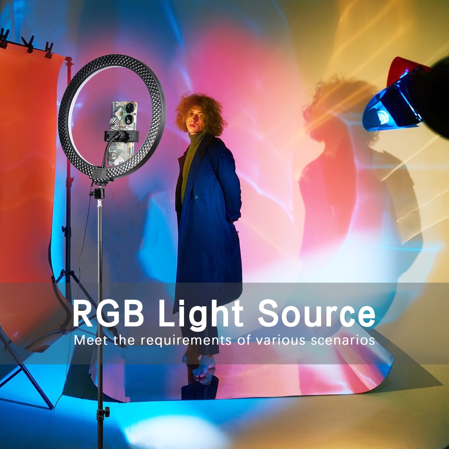 12-Inch USB Powered Selfie Ring Light with Matte Metal Finish, Push Button Control, Dimmable RGB Color Modes, Adjustable 109.98cm Tripod Stand & 99.06cm Extension Rod, with Phone Holder for Live Stream, Makeup & Photography