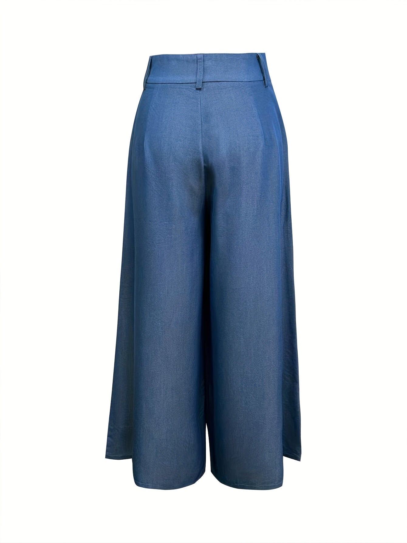 1pc Elegant Solid Color Polyester Wide Leg Pants for Women, All-Season Versatile Imitation Commuter Faux Denim with Pockets, Woven Weave - Adult