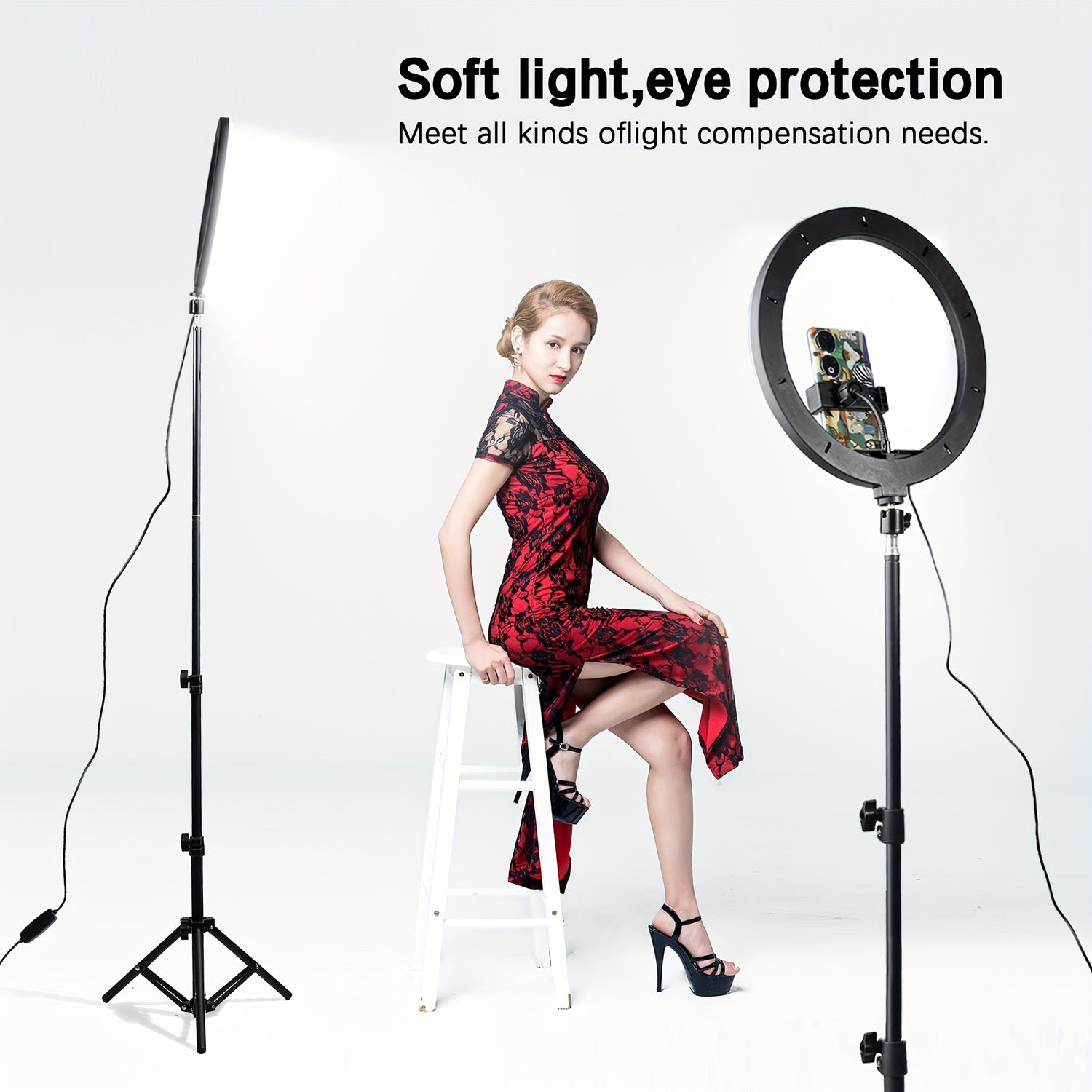 1pc UEGOGO 12" LED Selfie Ring Light with 43.3" Extendable Tripod, 39cm Extension Rod, 3 Color Modes, Dimmable, USB Powered, Push Button Control, Antique Finish, for Makeup, Photography, Videos, Live Streaming