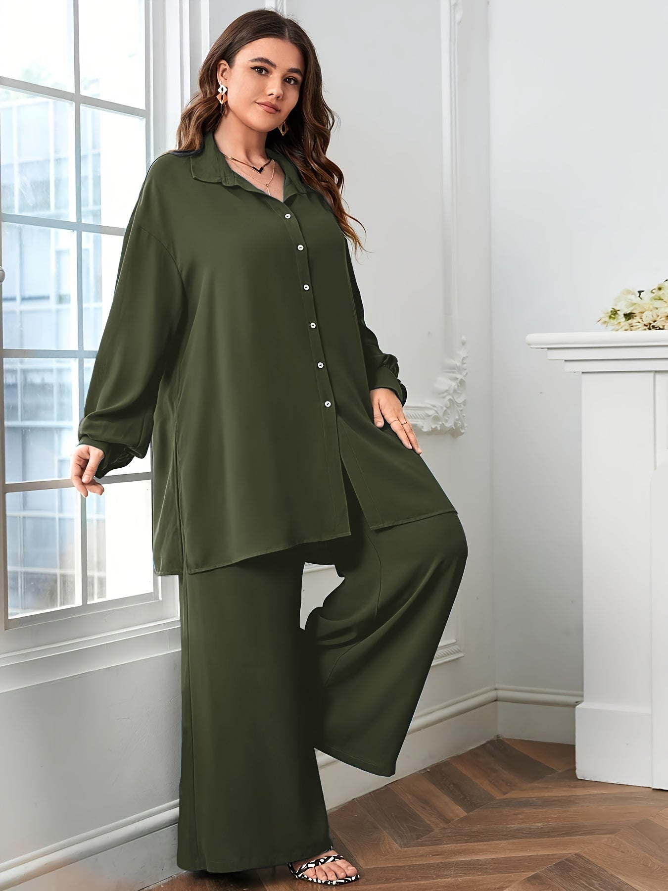 Elegant Oversized V-Neck Two-Piece Set - Black Polyester Blend Pants with Split Details and a Relaxed Blouse