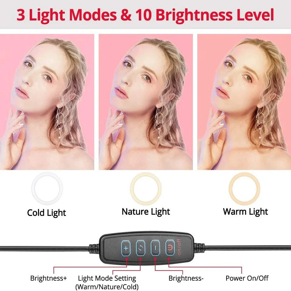LED Selfie Ring Light + Phone Stand With Folding Arm