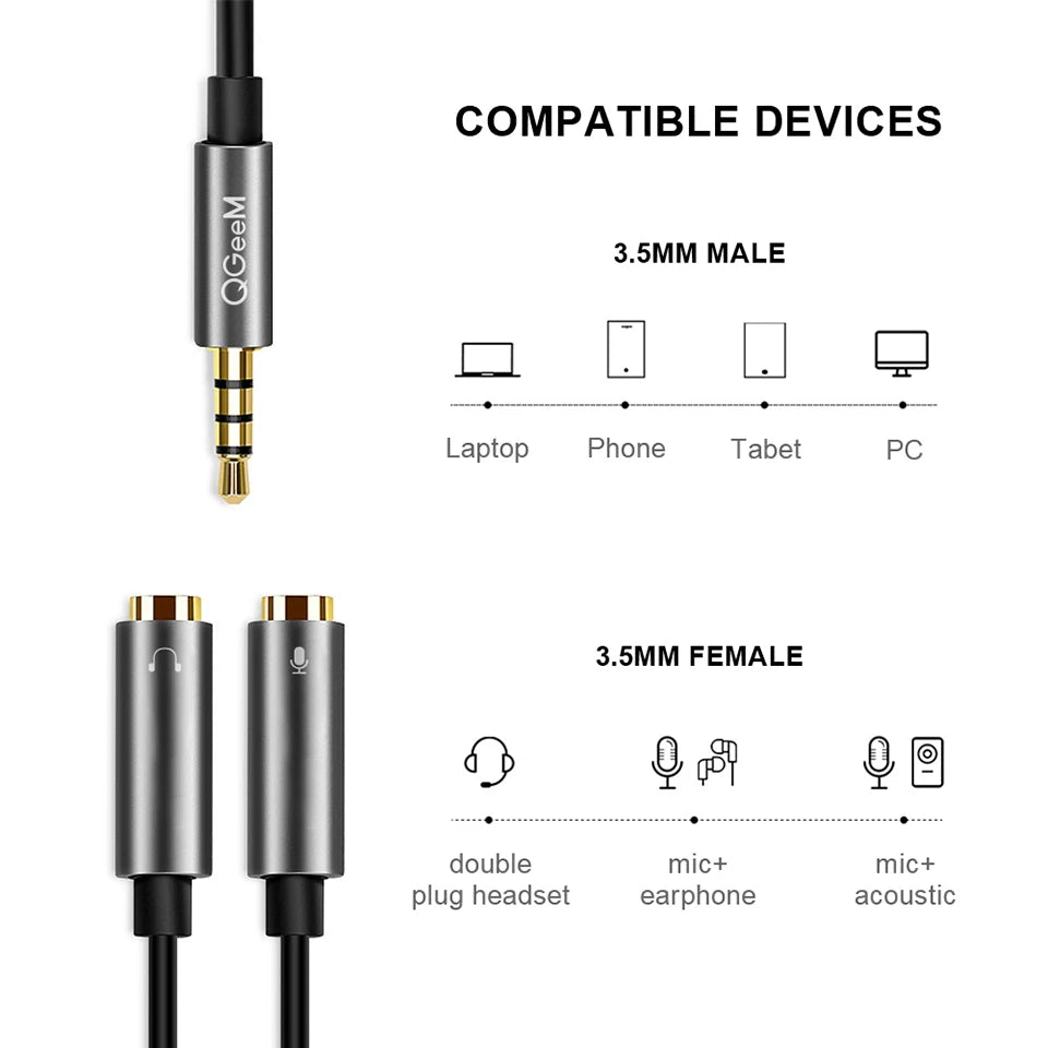 QGEEM 3.5mm Audio Splitter Cable for Computer Jack 3.5mm 1 Male to 2 Female Mic Y Splitter AUX Cable Headset Splitter Adapter