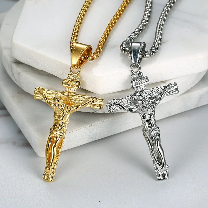 Religious Jesus Christ Cross Pendant Necklace for Women/Men Gold Color Stainless Steel Crucifix Necklaces Men Christian Jewelry