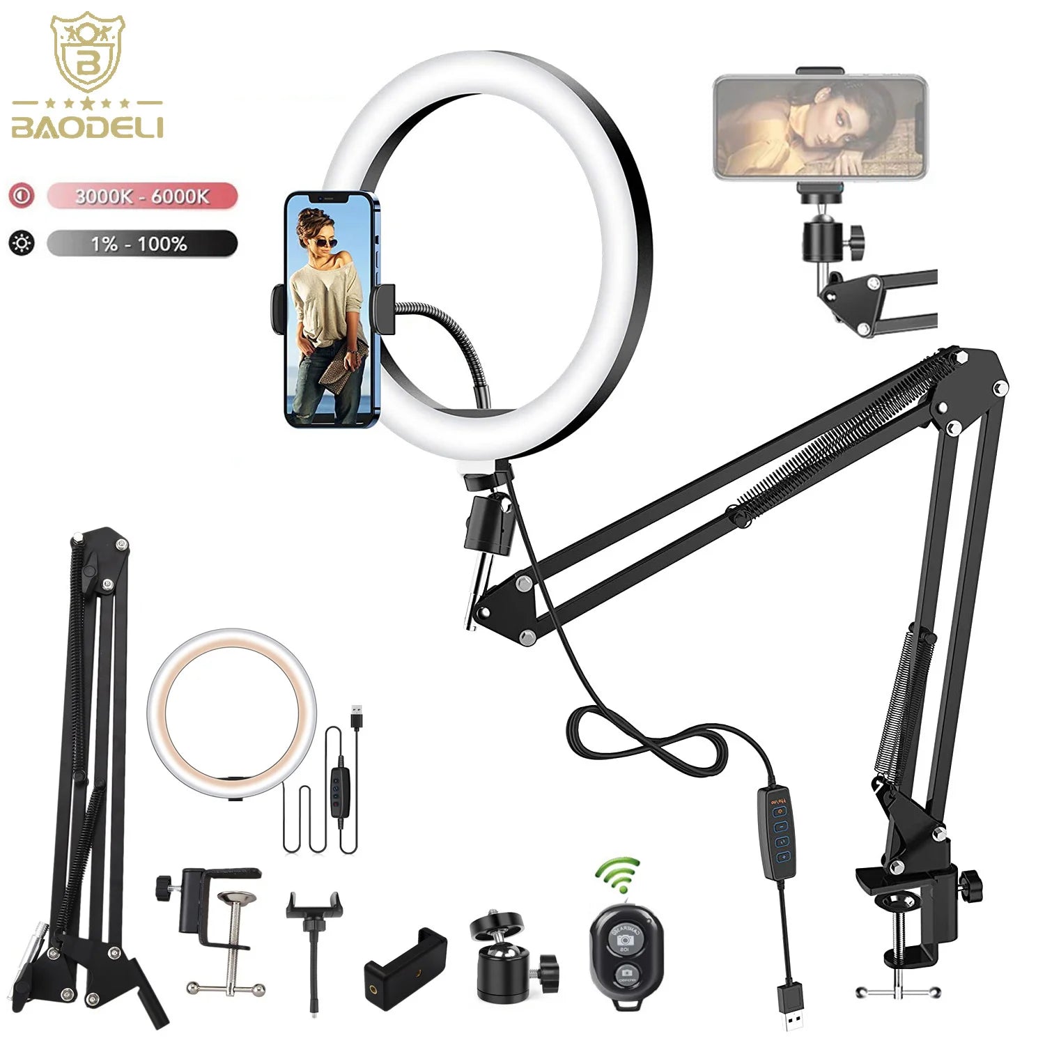 LED Selfie Ring Light + Phone Stand With Folding Arm