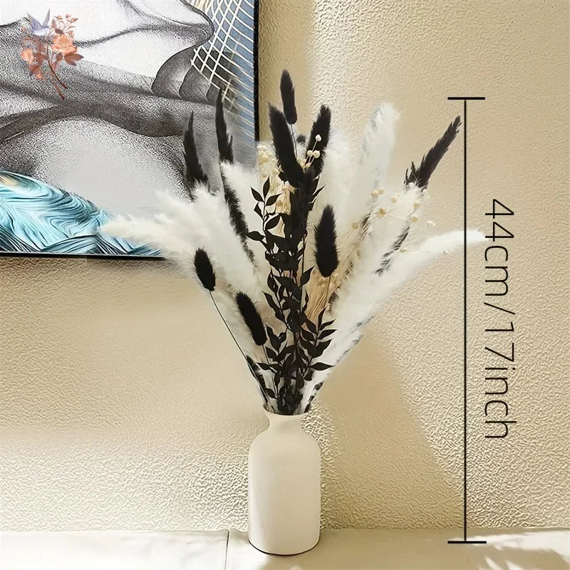 Dried Flowers Bouquet Black & White Style Fluffy Pampas - 45pcs