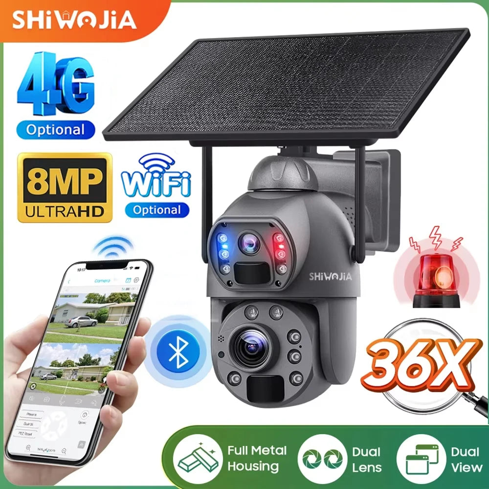 SHIWOJIA 36X ZOOM 8MP 4G SIM Solar Camera Outdoor 360° Wireless WIFI Battery Security Cameras with Solar Panel PIR Night Vision