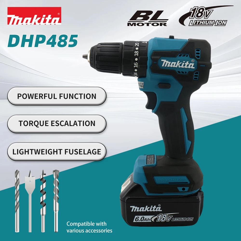 Makita DHP485 18V Brushless Compact Drill 1800RPM High Speed Impact Screwdriver 10mm Diameter Woodworking Drilling Tool