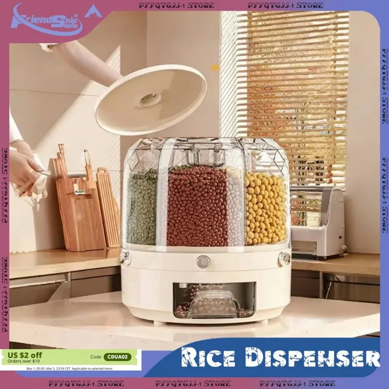 6-in-1 Rice Dispenser Food High-capacity Moisture-proof Container 360 Degree Sealed Dry Cereal Grain Bucket Kitchen Storage Box