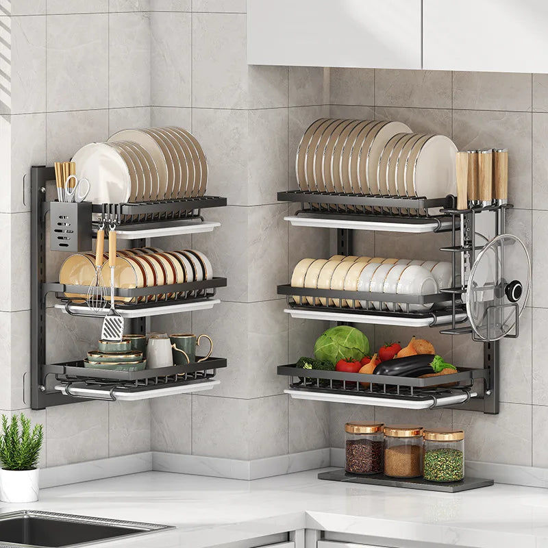 Wall-Mounted Kitchen Dish Rack Multifunctional Organizer with Drainboard