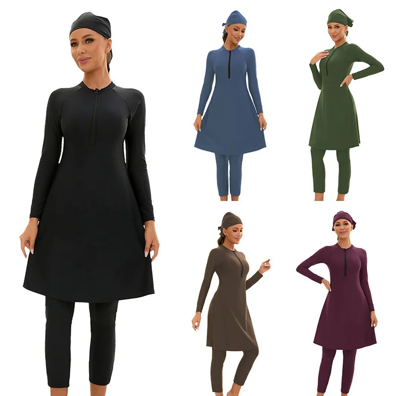 Fully Covered Swimsuits 3 Pieces Full Covered Burkini Swimwear with Swimming Cap Solid Swimwear