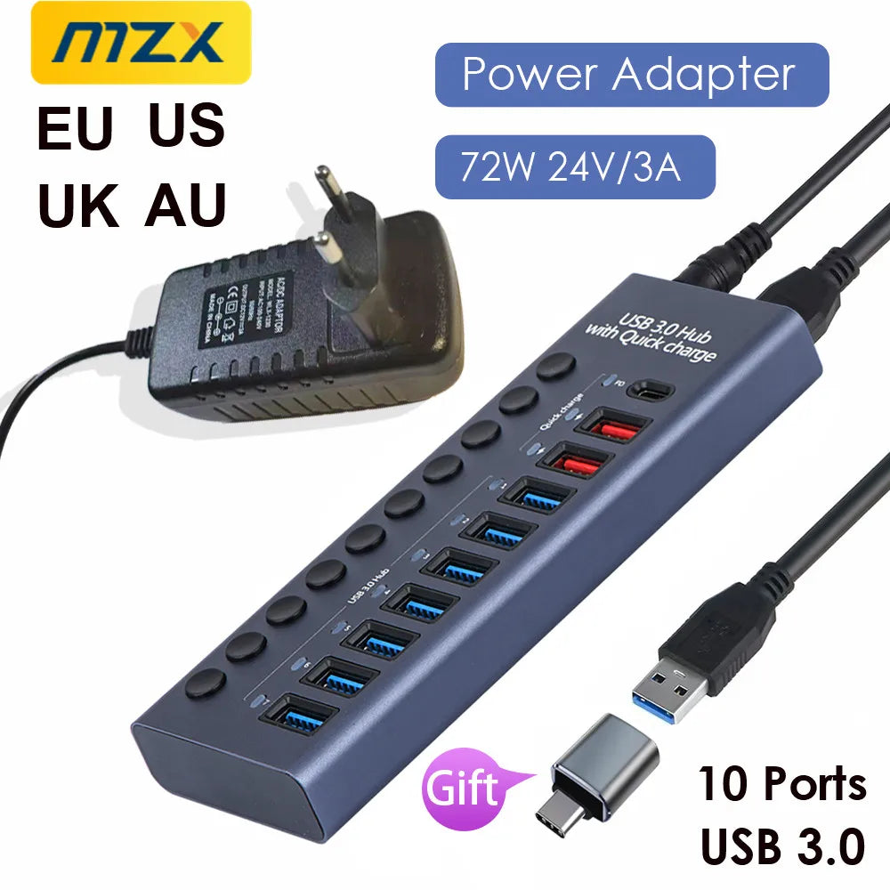 MZX 10/7/4 Port Aluminum USB 3.0 Hub A 3 0 Multi Splitter Concentrator Multiple Extension Hub Switch Power Adapter for PC Laptop