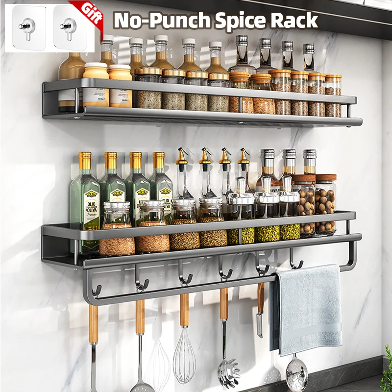 No Punch Spice Rack Wall Mounted - Spice Organizer with Hook & Rod