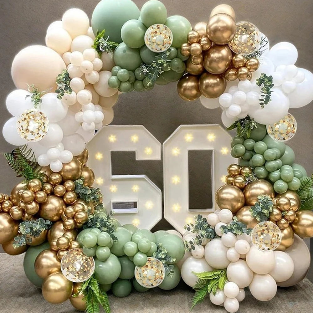 132pcs Sage Green and Gold Balloon Wreath Arch Kit Decorative Balloons Colorful Paper Bun Balloons Suitable for Wedding, Party,