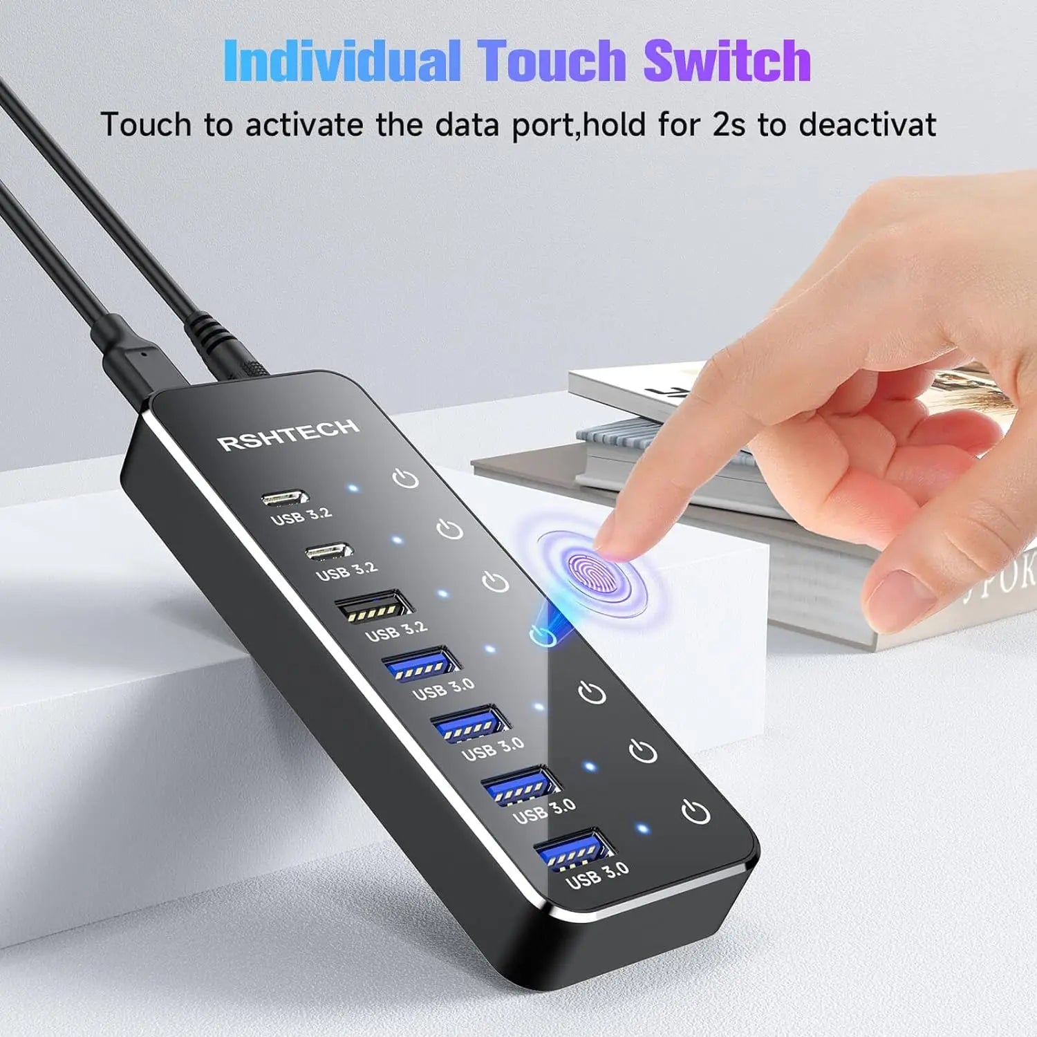 Powered USB C Hub with 10Gbps Ports - Individual Touch Switches