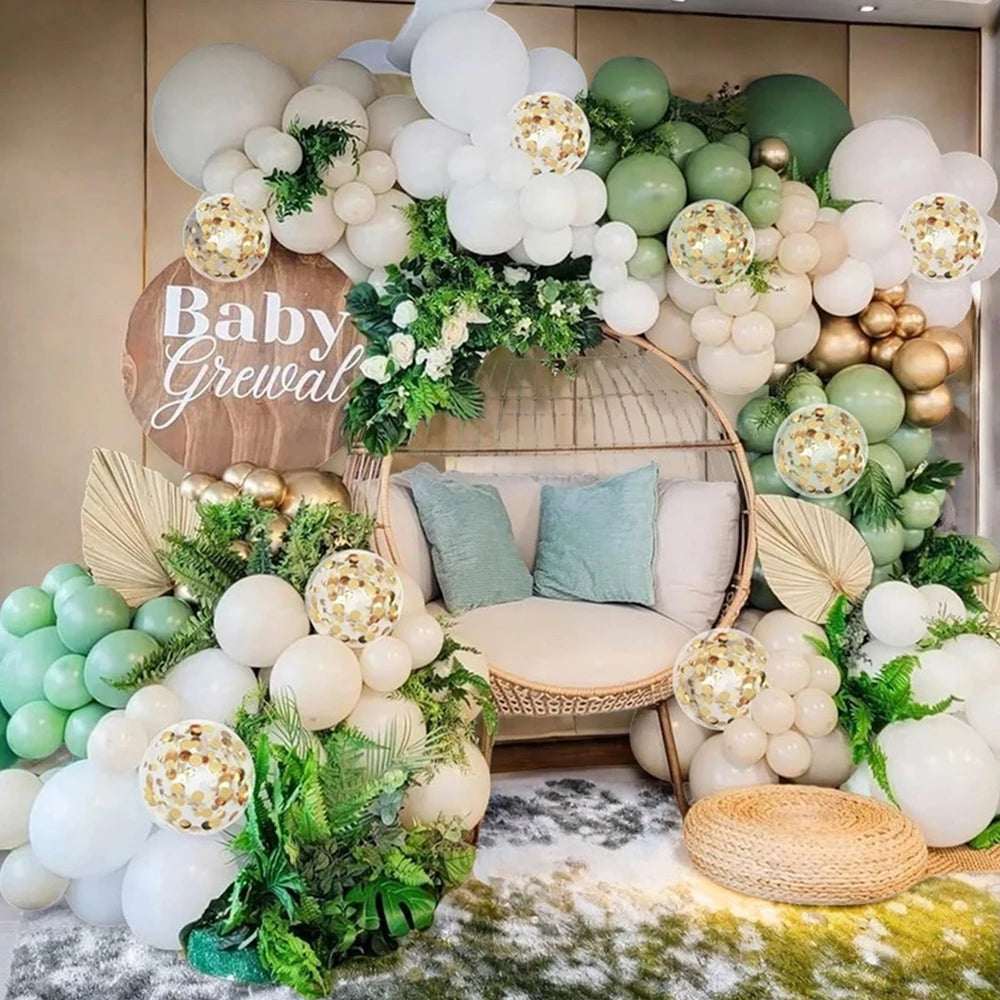 132pcs Sage Green and Gold Balloon Wreath Arch Kit Decorative Balloons Colorful Paper Bun Balloons Suitable for Wedding, Party,