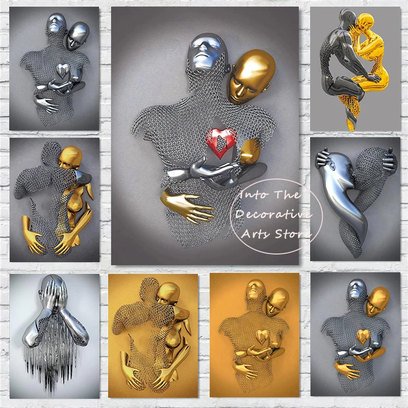 Luxury Golden Metal Romantic Abstract Sculpture Canvas Painting