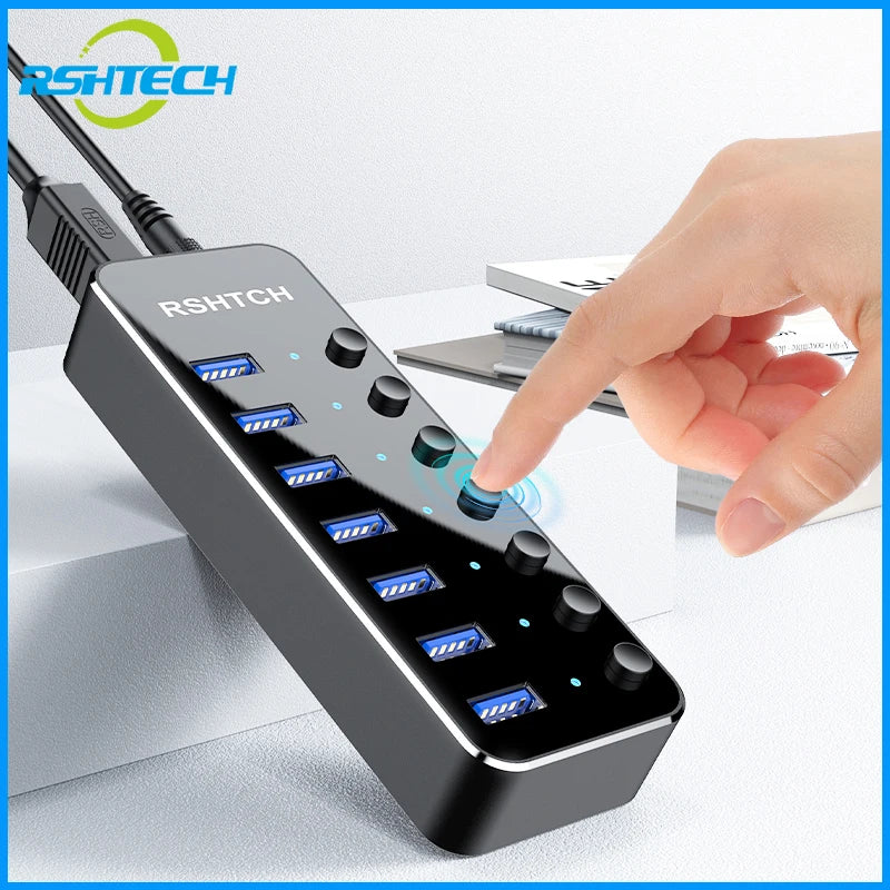 USB Hub Aluminum Industrial 7-Port Splitter - Switch