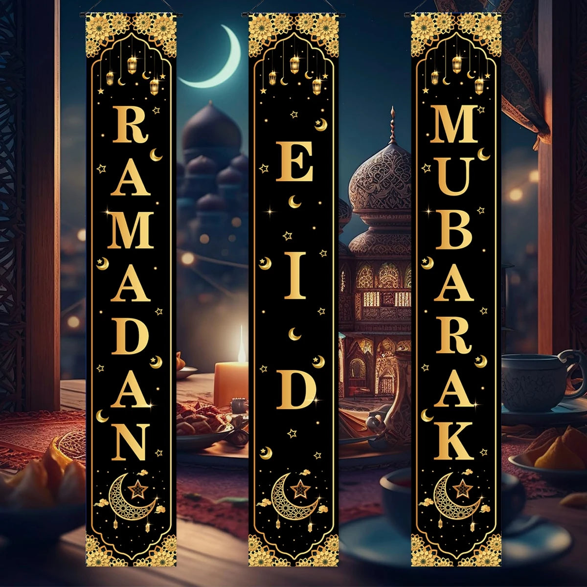 3pcs Eid Mubarak Door Hanging Banner Ramadan Couplets for Garden Outdoor Hanging Ornaments Ramadan Kareem Islamic 2025 Decor