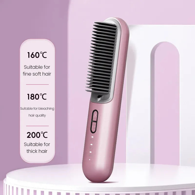 Rechargeable Hair Curler Straightener Brush - Portable Anti-Scald