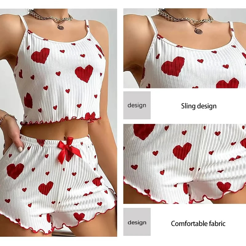 Summer New Women's Pajama Set Breathable Soft Casual Love Printed Design Sweet Home Strap Shorts Pajamas