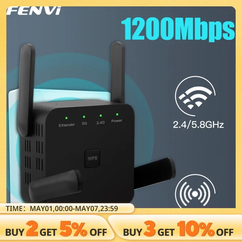 FENVI 5Ghz AC1200 WiFi Repeater 1200Mbps Router Black WiFi Extender Amplifier 2.4G/5GHz Wi-Fi Signal Booster Long Range Network