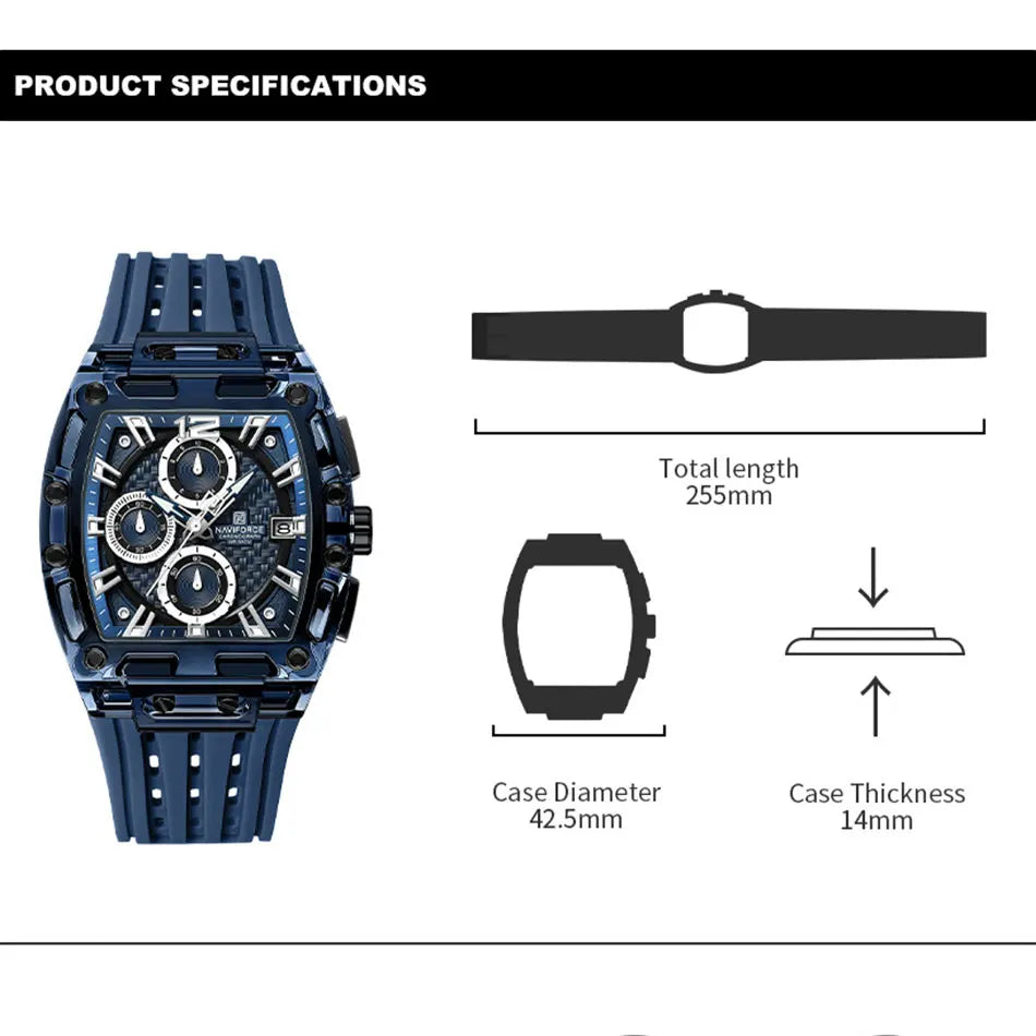 NAVIFORCE Fashion Men Watch Quartz Chronograph  Clock 3ATM Waterproof Silicone Band Sports Casual Date Display Male Wristwatches