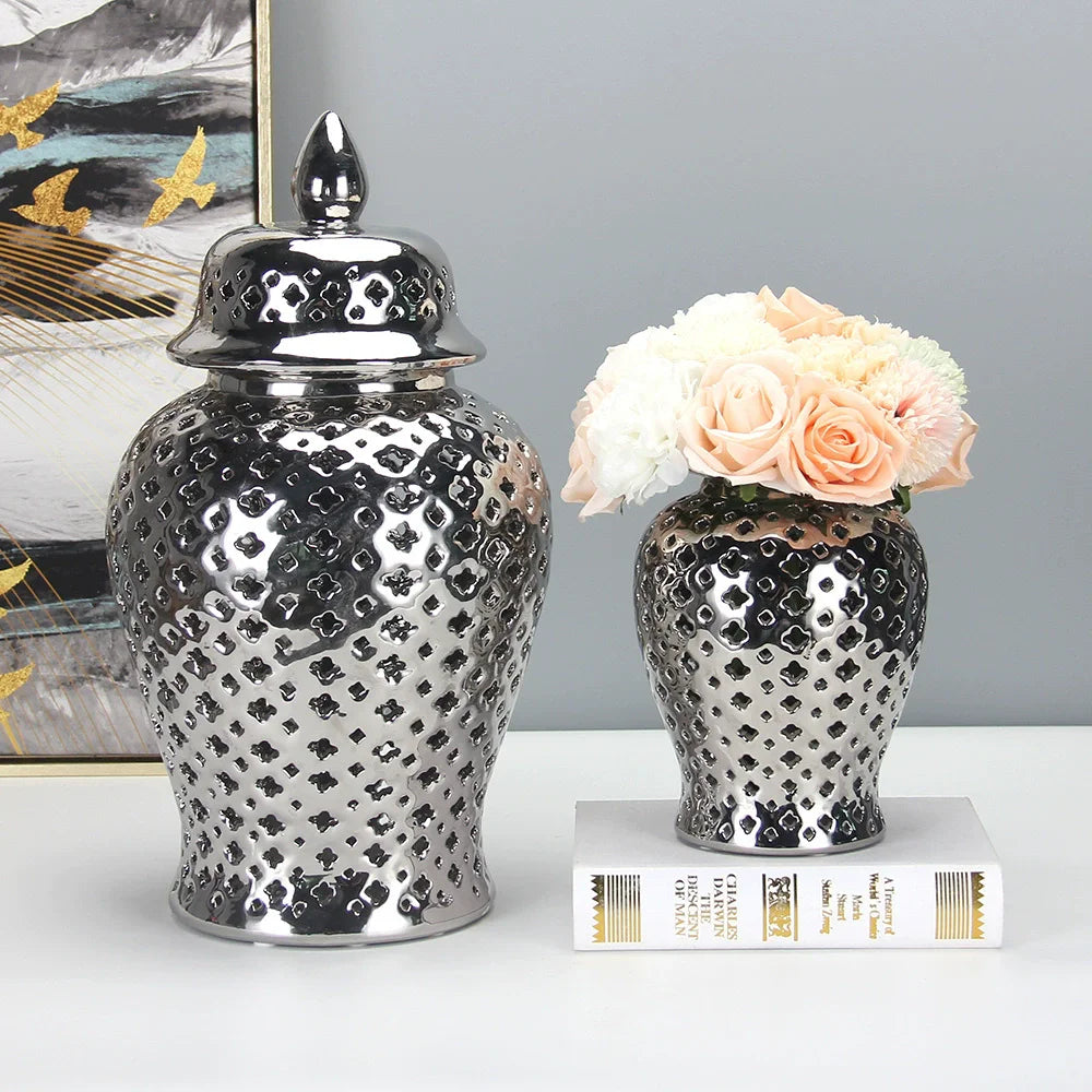 Silvery Ceramic Ginger Jar with Lid - Hollow Out Storage Jar