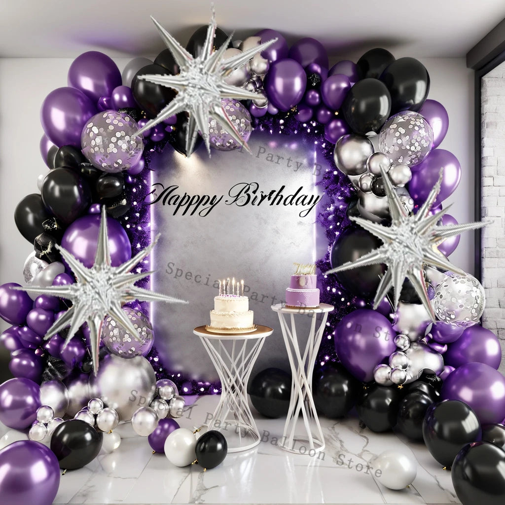 Black Purple Silver Balloon Garland Arch Kit Latex Confetti Balloon Happy Birthday Party Decor Wedding Anniversary Baby Shower