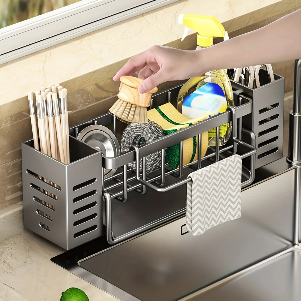 Self-draining Sink Shelf Dish Drainer Kitchen Sink Caddy Drain Rack Soap Dishwashing Sponge Holder for Kitchen Sink Organizer