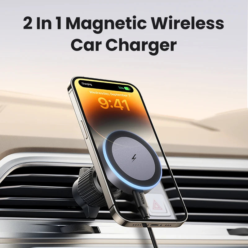 UGREEN Magnetic Car Phone Holder + Wireless Charger Stand