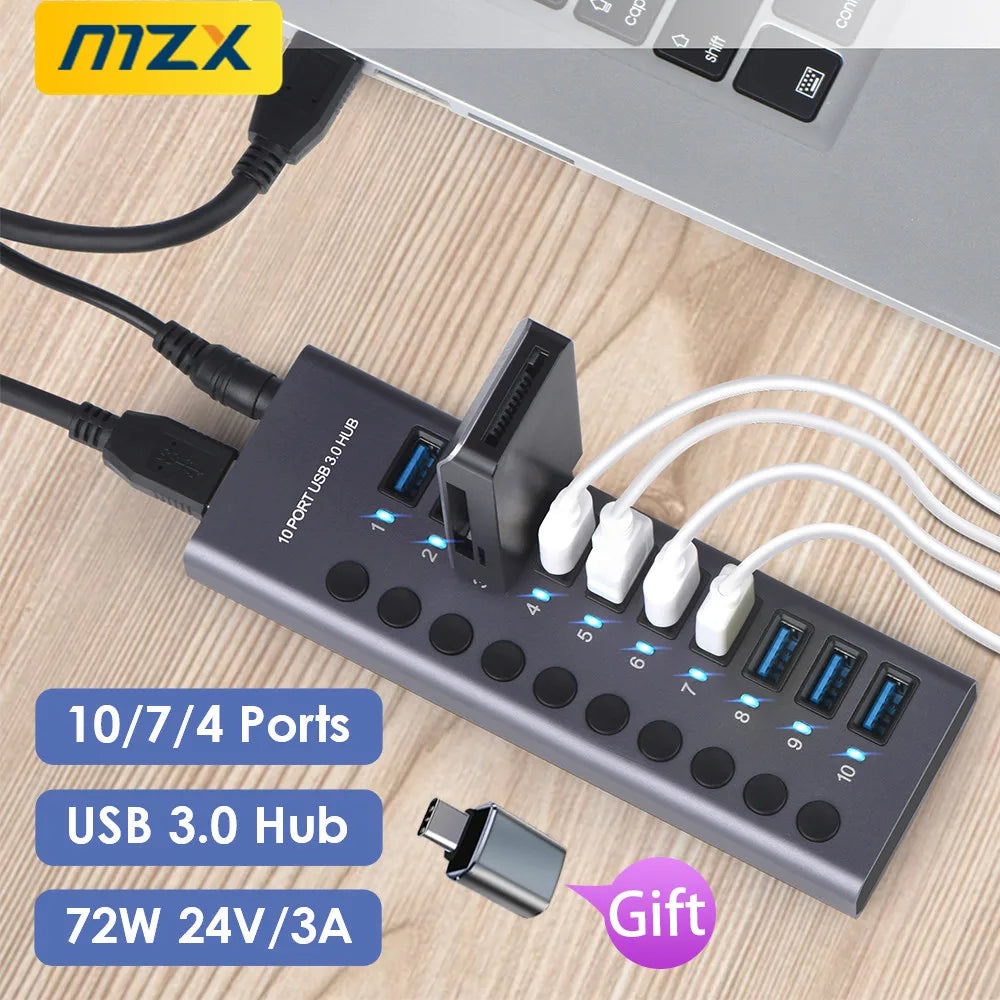 MZX 10/7/4 Port Aluminum USB 3.0 Hub A 3 0 Multi Splitter Concentrator Multiple Extension Hub Switch Power Adapter for PC Laptop