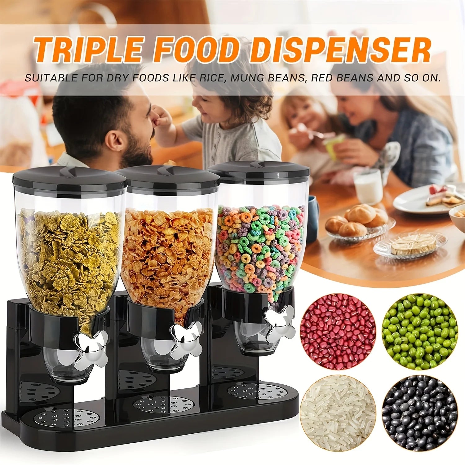 Triple-Bucket Cereal Dispenser, Large Capacity, Perfect For Grains