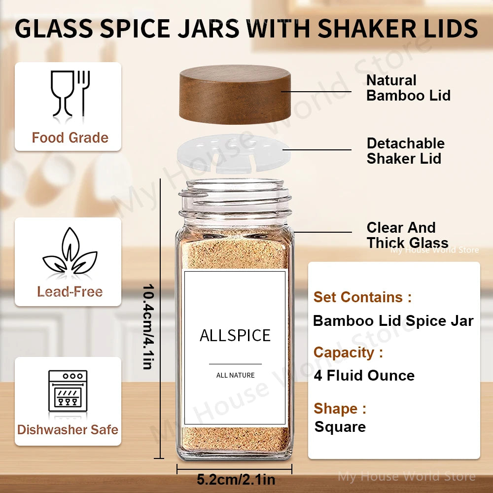 Glass Spice Jars with Bamboo Lids 4oz - 13Pcs Jar Set - Organizer