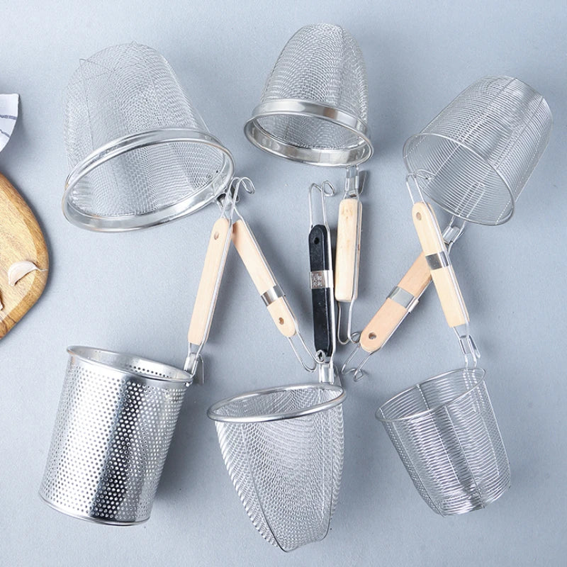 Stainless Steel Funnel Wooden Handle Strainer Kitchen Gadgets Cooking Noodles Accessories Hot Vegetables Mesh Sieve Spoon