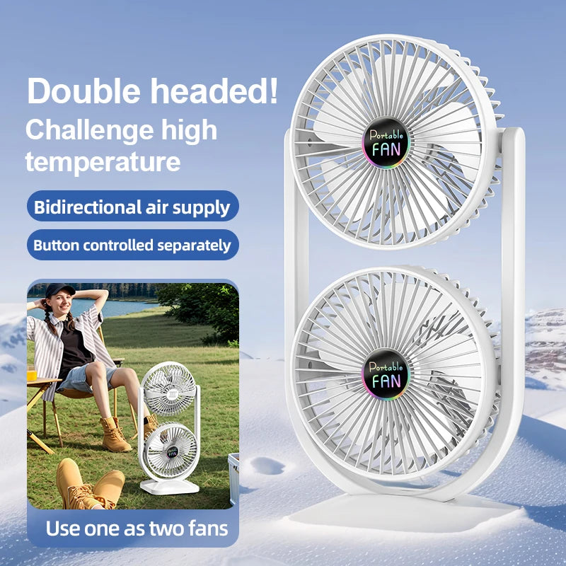 Double-Head Electric Fan - USB Rechargeable - Strong Wind