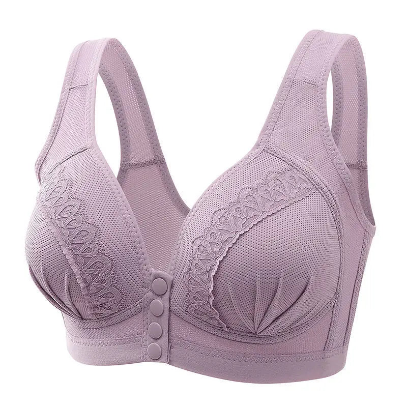 Gather Breathable Comfortable Breast-free Underwire Middle-aged Mom Bra With Large Size Front Buttons Nursing Underwear