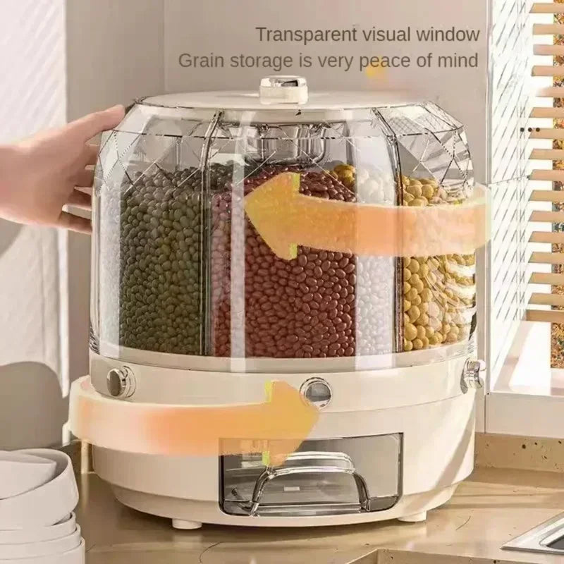 Rice Dispenser 6 Grids Sealed Grain Containers - 360 Degree Rotating