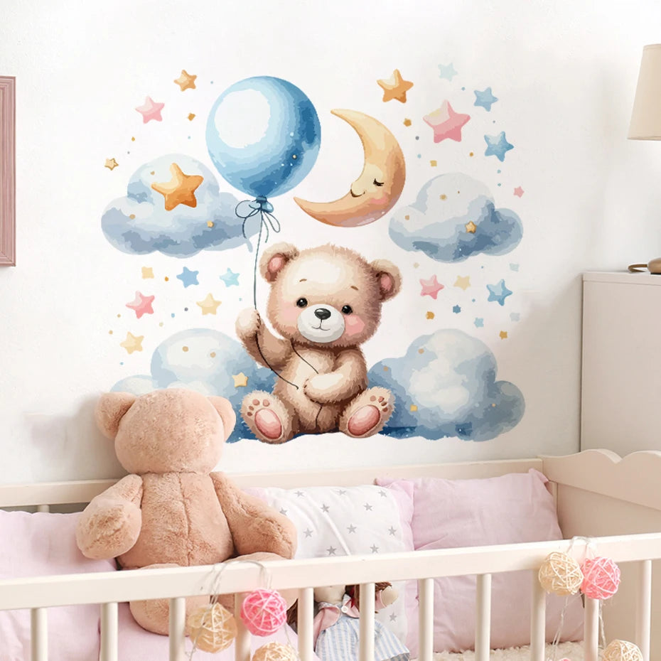 Watercolor Cartoon Teddy Bear Cloud Stars Balloon Wall Stickers for Kids Room Baby Room Decoration Wall Decals Room