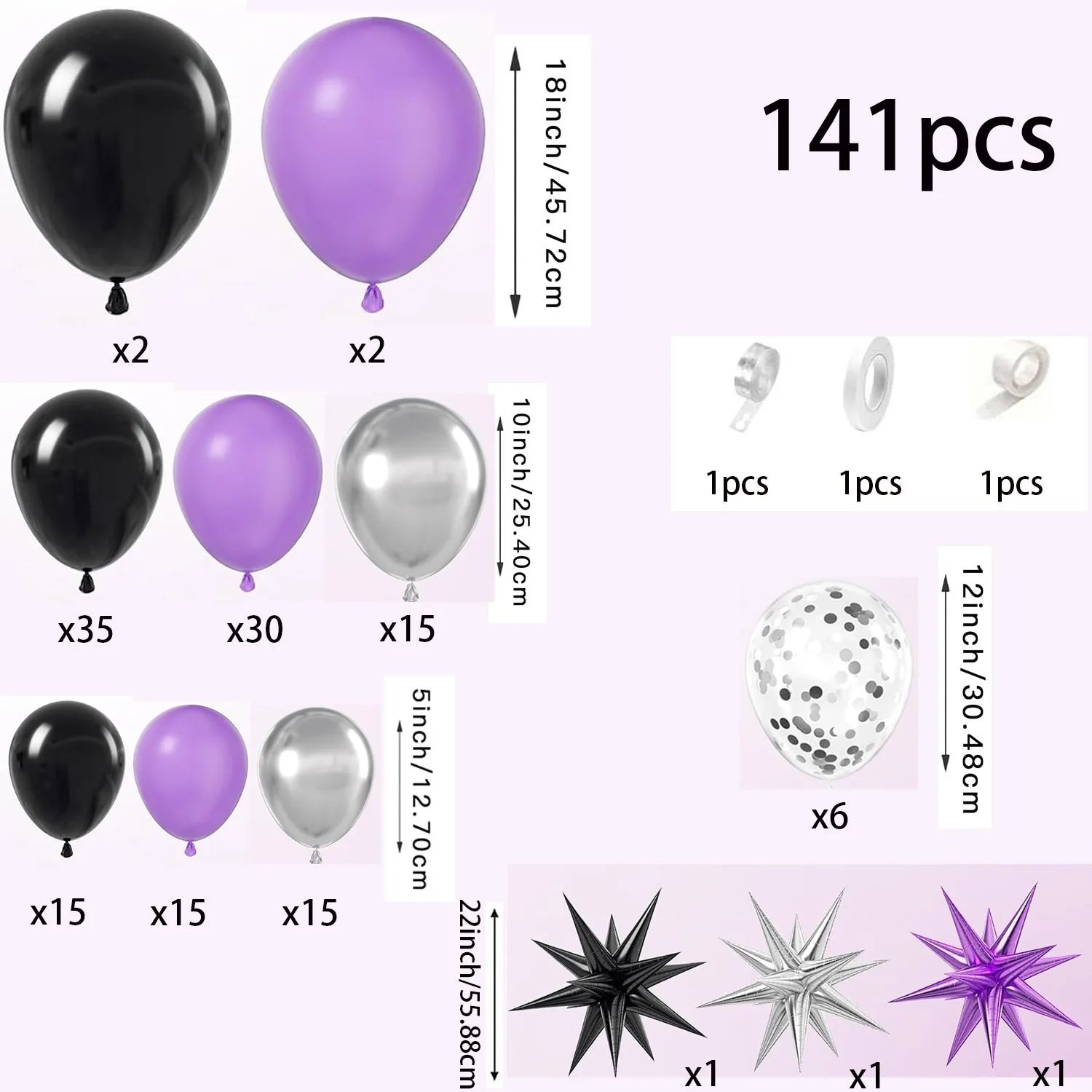 141pcs Purple, Black, Silver Balloon Garland Arch Kit for Birthday Backgrounds, Anniversaries, Indoor and Outdoor Decorations