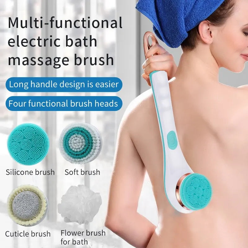 Silicone Bath Brush 4 in 1 Electric Back Scrubber 4 Brush Heads USB Rechargeable Rotating Shower Massager with 2 Speeds